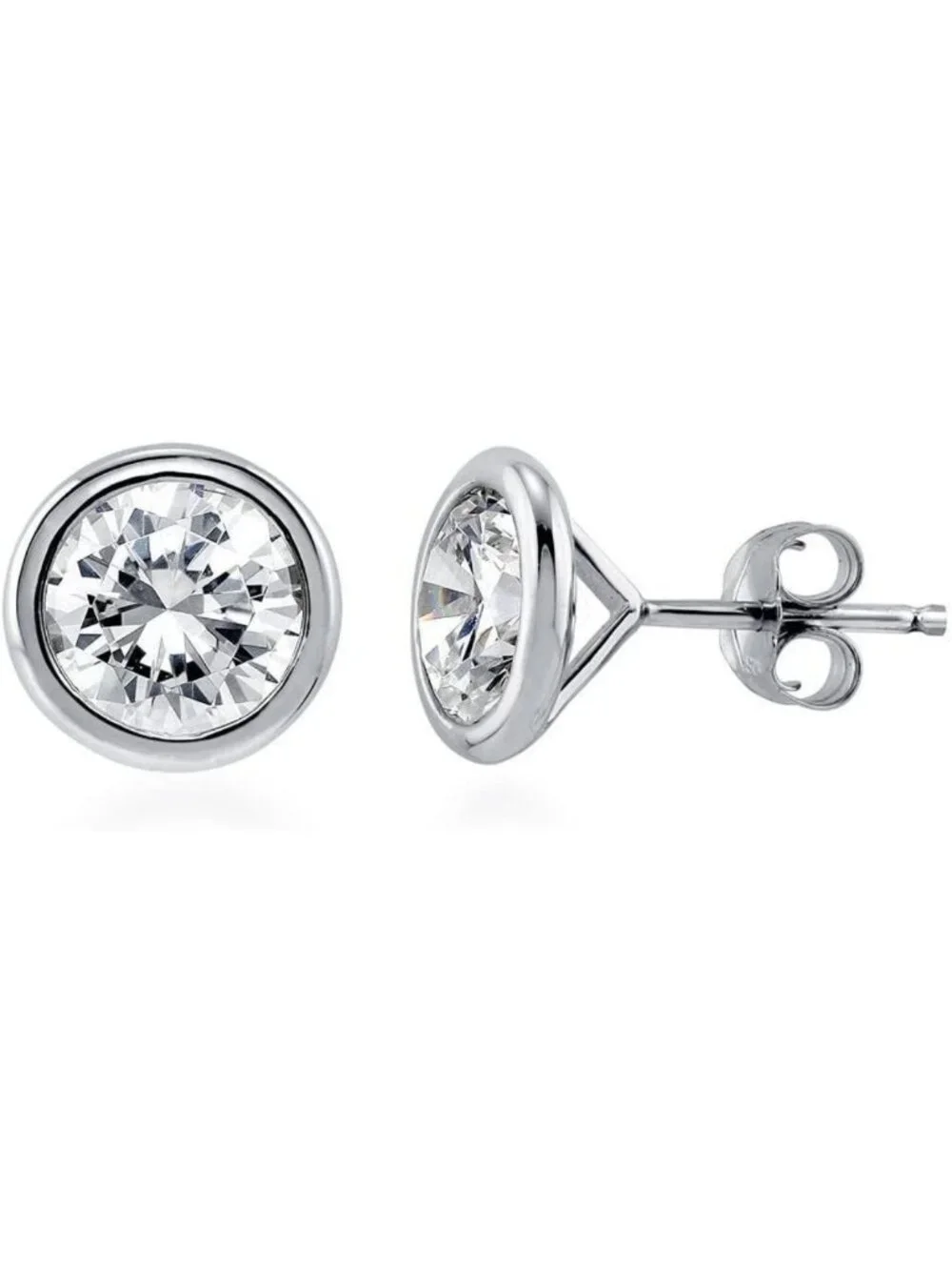 Sterling Silver Martini Solitaire Stud Earrings, Bezel Set Round CZ for All